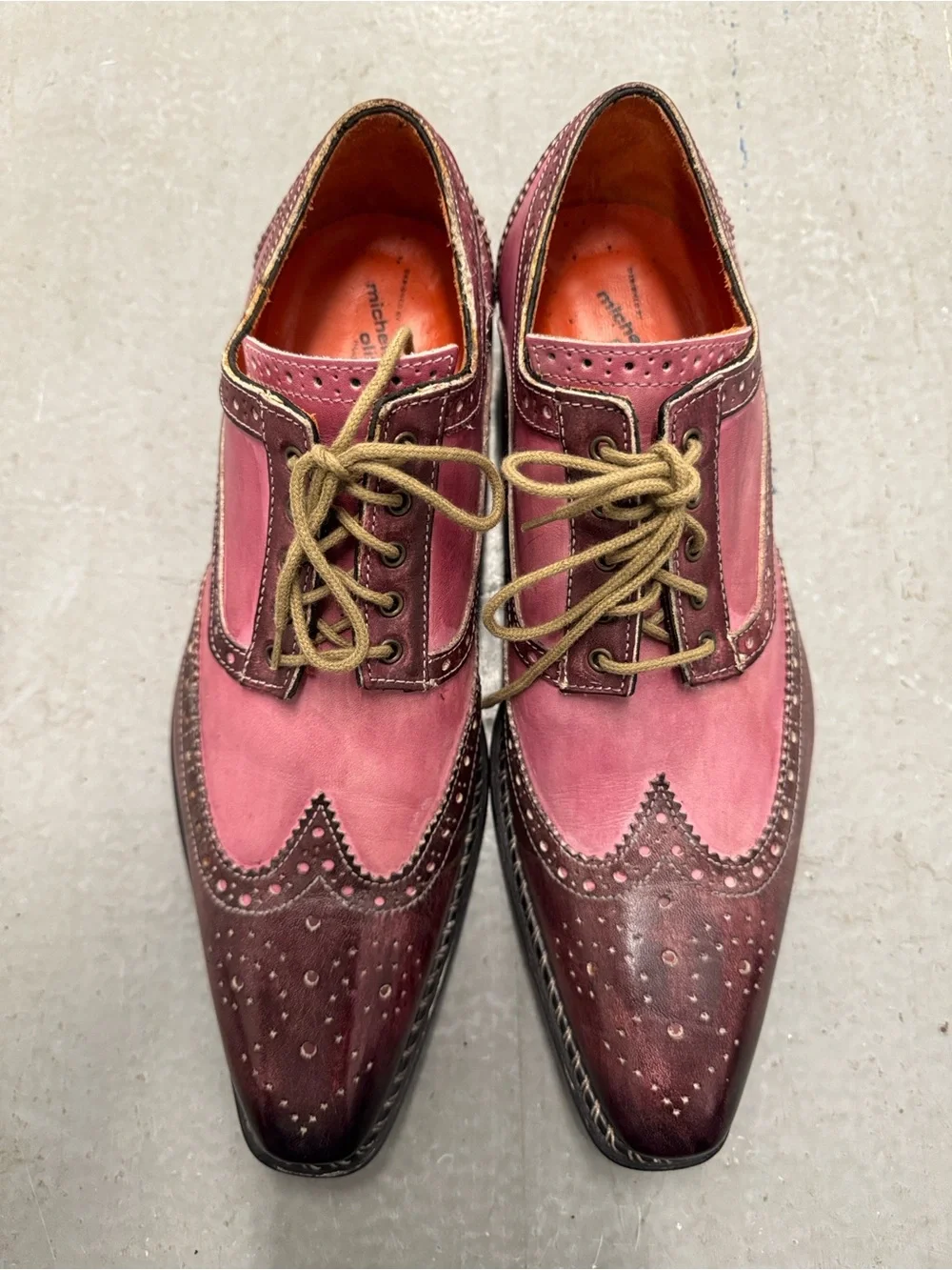 Michele Olivieri Men's Two-Tone Burgundy and Pink Wingtip Oxfords Men’s 9.5